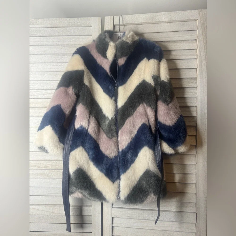 Imoga Faux Fur Coat Girls Size 4 Chevron Belted Jacket HTF Boutique